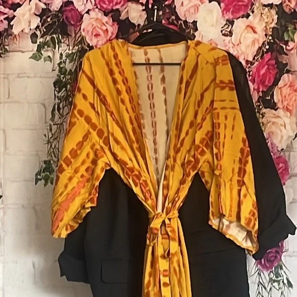 - New MUSTARD & CRAN Boho Tie Dye Kimono Maxi Beach open front long COVERUP *NEW